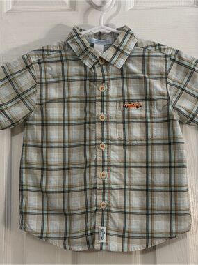 Janie and Jack Baby Boy Plaid Button Down Shirt Light Green Orange & Brown